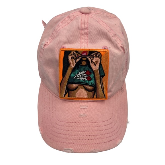 Distressed Pink Baseball Cap | Embroidered Graphic Patch Hat | Adjustable Strap - Picture 1 of 3